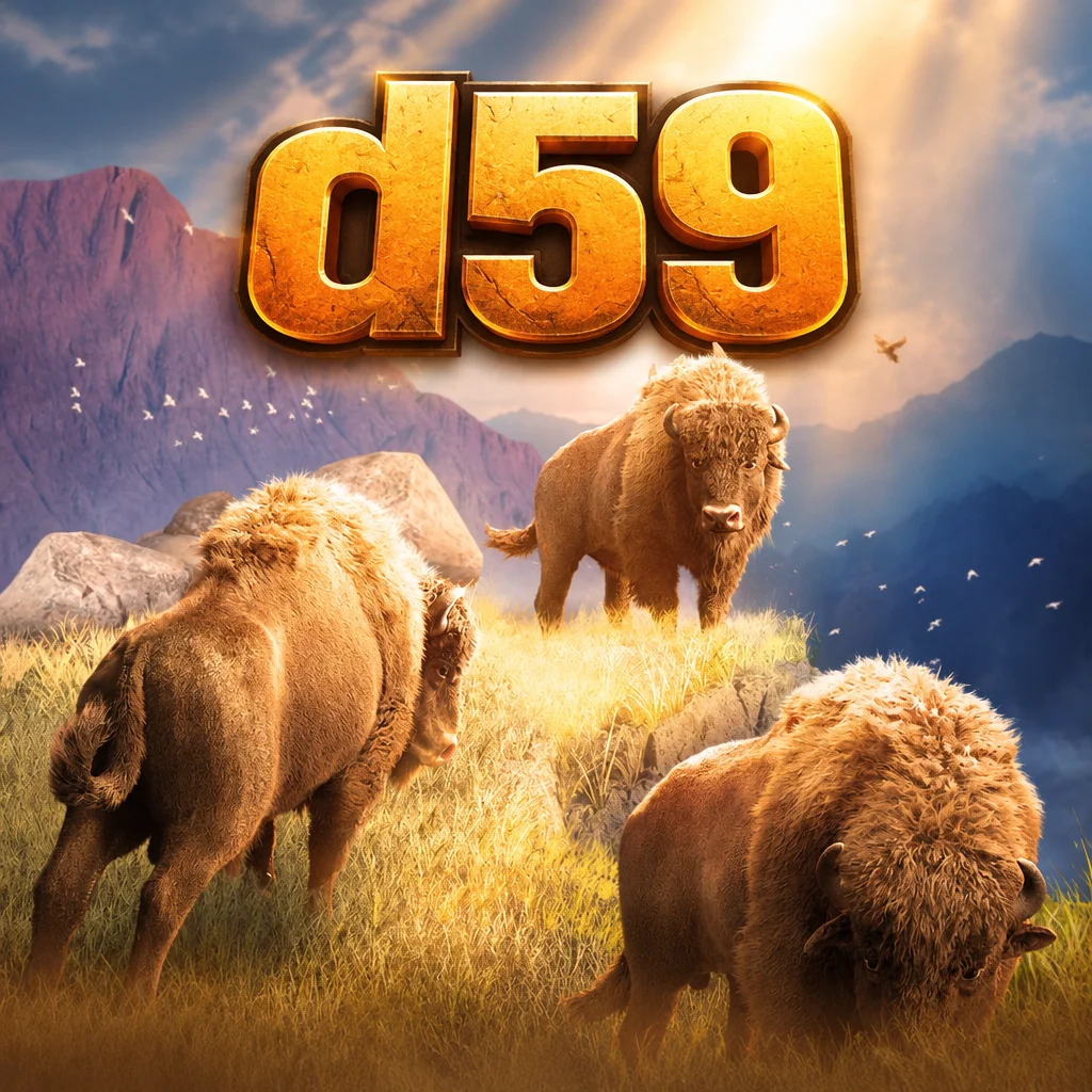 Kawanan banteng di padang rumput pegunungan dengan logo d59 di atasnya